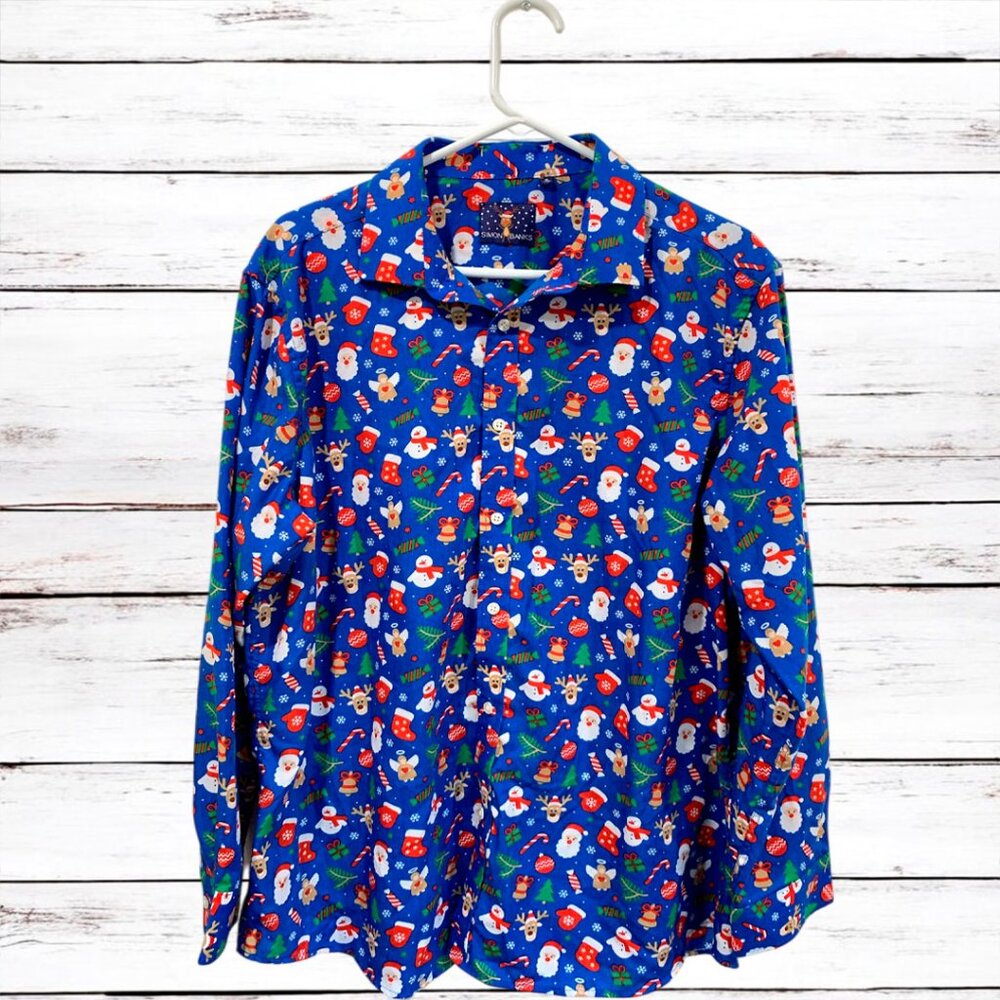 SIMON BANKS XL (17.5) Blue Holiday Christmas Button Front Shirt Men